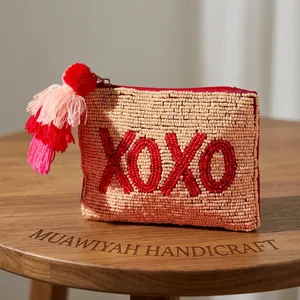 Handmade XOXO Beaded Coin <b>Purse</b> Custom Seed Bead <b>Small</b> Zipper Pouch with Tassel Valentine's Day Mini Wallet for <b>Women</b> girl uses - Product Image 1