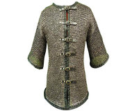 Handgefertigtes Mittelalterliches Kettenhemd mit Lederbesatz aus Weichstahl, Flachgenietete Ringe, Ritter-Hauberk-Rüstung für Historische Nachstellungen