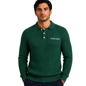 Suéter Polo de Punto Acanalado Verde Bosque, Manga Larga, Cuello con Botones, Informal, Suave y Cálido para Invierno, Personalizable con Logotipo Premium para Hombre - Product Image 1