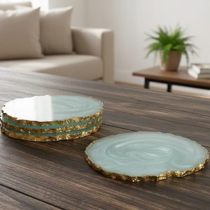 Juego de Posavasos de Resina Azul Agua con Borde Dorado, Resistentes al Calor, Decorativos para Mesa de Centro, Bar, Comedor - Product Image 2
