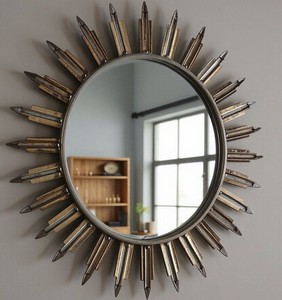 Industrial Metal Round Wall Mirror With Sunburst <b>Frame</b> Decorative Handmade Design - Product Image 1