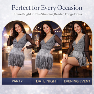 Women Black Fringe <b>Sequin</b> Mini Dress, V Neck Long Sleeve Party Wear Club Dress | Luxury Evening Outfit India 2026 Export Quality - Product Image 3