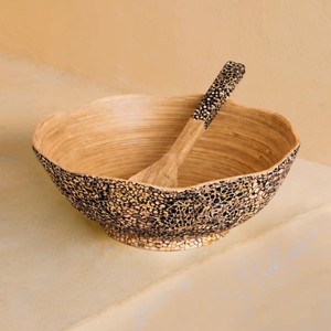 Bol à salade en bambou festonné avec cuillère et fourchette, ustensiles de cuisine, bols de service en bambou laqué couleur coquille d'œuf, fabriqués au Vietnam - Product Image 1