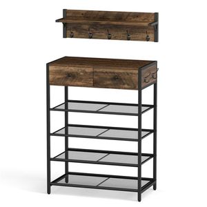 Mobile Multifunzionale Minimalista per la Casa: Appendiabiti a 5 Ganci + Scarpiera a 2 Cassetti con 4 Ripiani in Rete, Soluzione Salvaspazio per l'Ingresso - Product Image 4