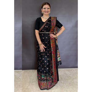 Sari de Seda Cachemir Negra Jade de Elite Weaves, Tejido con Hilo Zari, Diseño Gehani, Ropa India y Pakistaní, 700g - Product Image 2