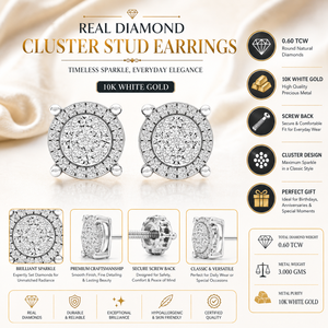 Excellentes boucles d'oreilles à grappe de diamants ronds véritables de 0,60 TCW en or blanc 10 carats |   Boucles d'oreilles en diamant à visser pour femmes, bijoux - Product Image 5