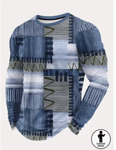 Men Blue Long Sleeve Casual <b>Shirt</b> <b>Patchwork</b> Print Breathable Knitted V-Neck Summer Wear Full Sleeve Fashion Top - Product Image 1