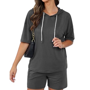 Ensemble short 2 pièces pour femme avec logo personnalisé, style HIGH STREET, 100% coton molletonné épais, été uni, anti-boulochage, 240g, numérique - Product Image 1