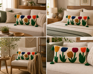 Handmade Cotton Tufted Embroidered Lumbar <b>Pillow</b> Floral Tulip Boho <b>Decorative</b> Cushion Tassels Eco-Friendly Removable Washable - Product Image 6