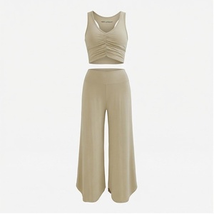 North Approach 2 Piece Yoga Set Ruched Tank Top High Waist Wide Leg Pants Solid Beige Breathable Seamless Women's Sportswear - Product Image 1
