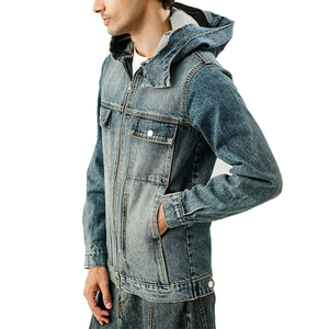 URBANGAZER Men's Denim Varsity Jacket High Street Denim <b>Covered</b> <b>Button</b> Closure Casual Style Winter Wear Regular Fit Solid Color - Product Image 3