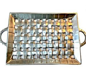 Bandeja Decorativa Rectangular de Metal con Diseño de Cesta Tejida, con Asas Laterales, de Aluminio Fundido, Plato para Servir con Rejilla Tejida, Diseño Calado - Product Image 1
