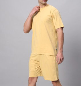 <b>Men's</b> <b>Yellow</b> Cotton T-<b>Shirt</b> and Shorts Set Crew Neck Solid Color Casual Summer Wear Breathable Knitted Two Piece Outfit - Product Image 4