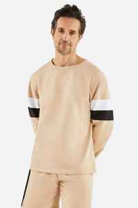 Sudadera de cuello redondo extragrande beige para hombre, de manga larga, color liso, informal, de forro polar, diseño de punto de ajuste regular para otoño - Product Image 5