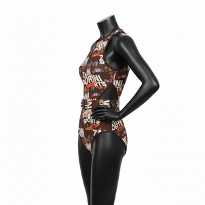 Maillot de bain une pièce pour femme en tissu extensible quatre directions de luxe, imprimé graphique marron, avec fermeture éclair et ceinture, logo personnalisé - Product Image 3