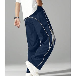 Men’s Casual Navy Blue Track Pants Lightweight Windbreaker Jogger Trousers with White Contrast Piping and Side Panel <b>Athletic</b> - Product Image 2