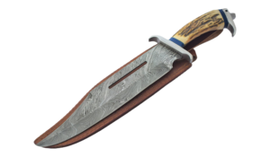 Couteau Bowie artisanal en acier Damas de qualité industrielle, manche en os de chameau, étui en cuir fin, couteau de camping en plein air - Product Image 4