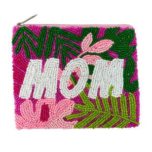 Porte-monnaie perlé MOM, motif floral, broderie de perles de rocaille, pochette faite main, cadeau, portefeuille zippé, artisanat personnalisé, écologique - Product Image 2