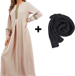 Abaya beige pour femmes, manches longues, col rond, robe longue modeste avec broderie géométrique, style Moyen-Orient, coton, tenue quotidienne - Product Image 5