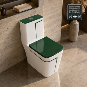 Inodoro Moderno y Elegante de Una Pieza, Color Blanco con Franja Verde, Taza Alargada, Descarga por Arrastre, Montaje Empotrado - Product Image 2
