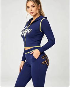 Women's <b>Navy</b> Blue 2 Piece Hooded <b>Crop</b> Top & <b>Leggings</b> Set With Custom Logo Print Sporty Fit Full Sleeve Knitted Activewear - Product Image 4