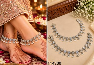Joyería al por mayor: Conjunto de tobillera Payal nupcial chapada en oro con piedra Kundan verde tradicional y detalles de perlas para mujer - Product Image 5