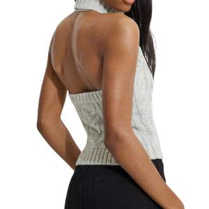 Top de punto trenzado blanco sin mangas para mujer, suéter de cuello alto con peplum, jersey ajustado de punto acanalado, moda femenina - Product Image 2