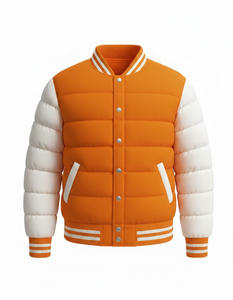 Blouson matelassé varsity orange et blanc pour homme, manteau bomber d'hiver matelassé, boutons-pression, streetwear, logo personnalisé, usine OEM ODM - Product Image 1