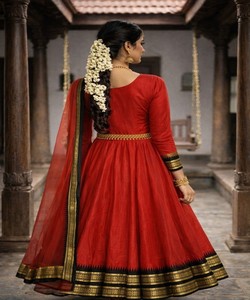 VESTIDO TRADICIONAL DE ALGODÓN CON BORDADO DE ENCAJE JACQUARD Y DUPATTA, ROPA FESTIVA, PRECIO AL POR MAYOR, PRENDAS ÉTNICAS, ROJO - Product Image 4