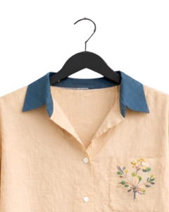 Conjunto de dos piezas para mujer, camisa beige y pantalones anchos azules, conjunto informal de algodón y lino, ropa de verano con bolsillo bordado - Product Image 6