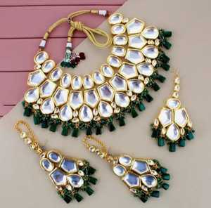 Conjunto de collar étnico con cuentas Kundan chapado en oro para mujer, con circonita, para boda - Product Image 2