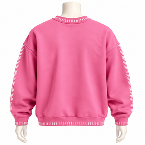 Mens <b>Pink</b> Stitched Border Distressed Crewneck <b>Sweatshirt</b> Oversized Long Sleeve Pullover Casual Streetwear Fashion Training Top - Product Image 2
