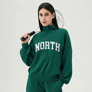 Conjunto de Sudadera Verde Oversize para Mujer con Media Cremallera y Cuello Redondo, para Otoño, ASPINO INTERNATIONAL, de Forro Polar de Secado Rápido, Casual, Bordado - Product Image 1