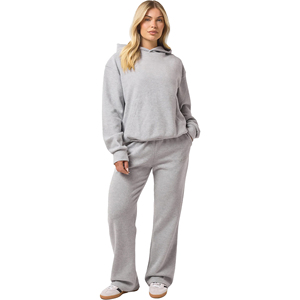 Ensemble de survêtement décontracté pour femmes en coton gris uni à 100% avec capuche et coupe ample en 2 pièces pour l'hiver - Product Image 1
