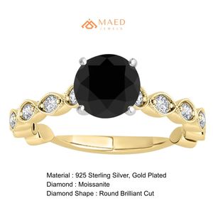 Gold Plated Black Moissanite Cut Engagement <b>Ring</b> for Women Prong Halo Accent Wedding Band Unique Bridal Jewelry Gift Party - Product Image 6