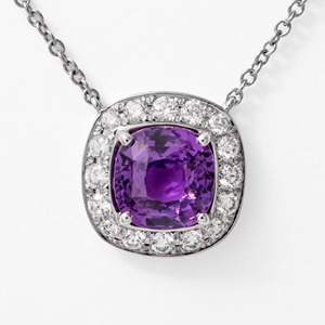 Stunning 14K White Gold Cushion Purple Sapphire and D G VS Diamond Halo Pendant Necklace Perfect for Bridal Styling and Parties - Product Image 1