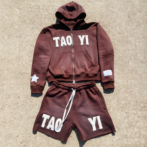 Street Wear Acid Washed <b>Patch</b> Embroidery Distressed Boxy Fit Hoodies and Drawstring Waist <b>Shorts</b> Set - Product Image 1