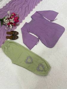 Ensemble Kurta traditionnel en coton pour femme avec pantalon ballon vert, tenue décontractée violette, coupe ample, longueur cheville, style Inde Pakistan - Product Image 6