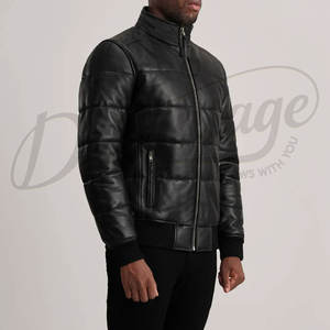 Chaqueta Bomber de Cuero Negra para Hombre, con Puños Acanalados, Cuello Alto, Acolchada y Cálida para Invierno, Estilo Biker, Corte Ajustado - Product Image 5