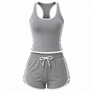 Women's 2 Piece Gray Sports Set Sleeveless Tank Top With Side Stripes And Drawstring Shorts Regular Fit Spring Summer Wear - Product Image 1
