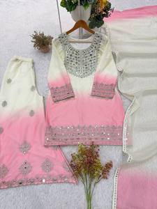 Ensemble Salwar Kameez en soie Vichitra brodée, véritable tenue indienne pakistanaise avec miroirs, beige rose, pour mariage et fêtes - Product Image 5