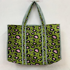 Sac fourre-tout en coton matelassé à imprimé léopard vert, grande capacité, poignées renforcées pliables, réutilisable, pour femmes, shopping, voyage - Product Image 1