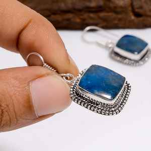 Boucles d'oreilles pendantes en apatite bleue, argent sterling oxydé, bijoux bohèmes faits à la main, boucles d'oreilles statement, cadeau pour elle - Product Image 5