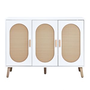 Armadio Alto a 3 Ante con Piano in Rattan Ovale, Struttura Bianca, Naturale, 113*40*83.5cm, in Truciolato, Scarpiera in Plastica - Product Image 6