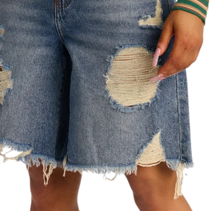 Shorts en jean déchirés pour femme, coupe décontractée taille mi-haute, 100 % coton, séchage rapide, respirant, bleu, ourlet effiloché - Product Image 5