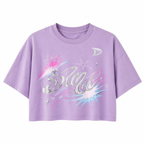 Camiseta Corta Morada Oversize para Mujer, Manga Tres Cuartos, Estampado de Estrellas, Cuello Redondo, Corte Holgado, Primavera Verano, Algodón Jersey - Product Image 4