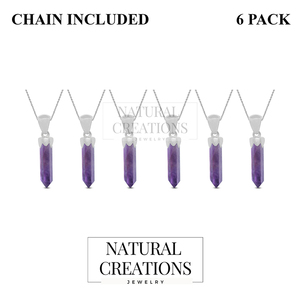 Premium 925 Sterling Silver Fine Pendant & Charm Amethyst Gemstone Pencil Cut <b>with</b> Spring <b>Lock</b> Bezel Setting Pack Of 6 - Product Image 1
