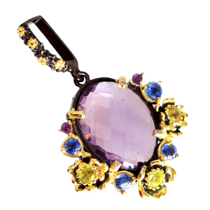 Colgante de Plata de Ley 925 con Bisel Redondo y Amatista Púrpura y Peridoto, Colgante de Bisel Redondo para Fabricación de Joyas - Product Image 1