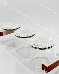 Acrylic Carved Antique Imitation Mother of Pearl Round Spice Jar Set <b>Clear</b> <b>Storage</b> <b>Containers</b> Wooden Handle for Kitchen Counter - Product Image 2