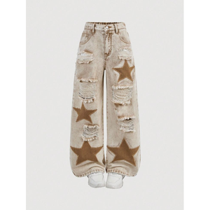 Jean en denim écologique taille basse coupe droite skinny avec patchwork étoilé, coupe décontractée, longueur intégrale, pantalon pour femme, style hiver - Product Image 1